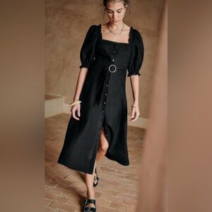 Sezane Black linen maxi Dress with Puff Shoulders size 10